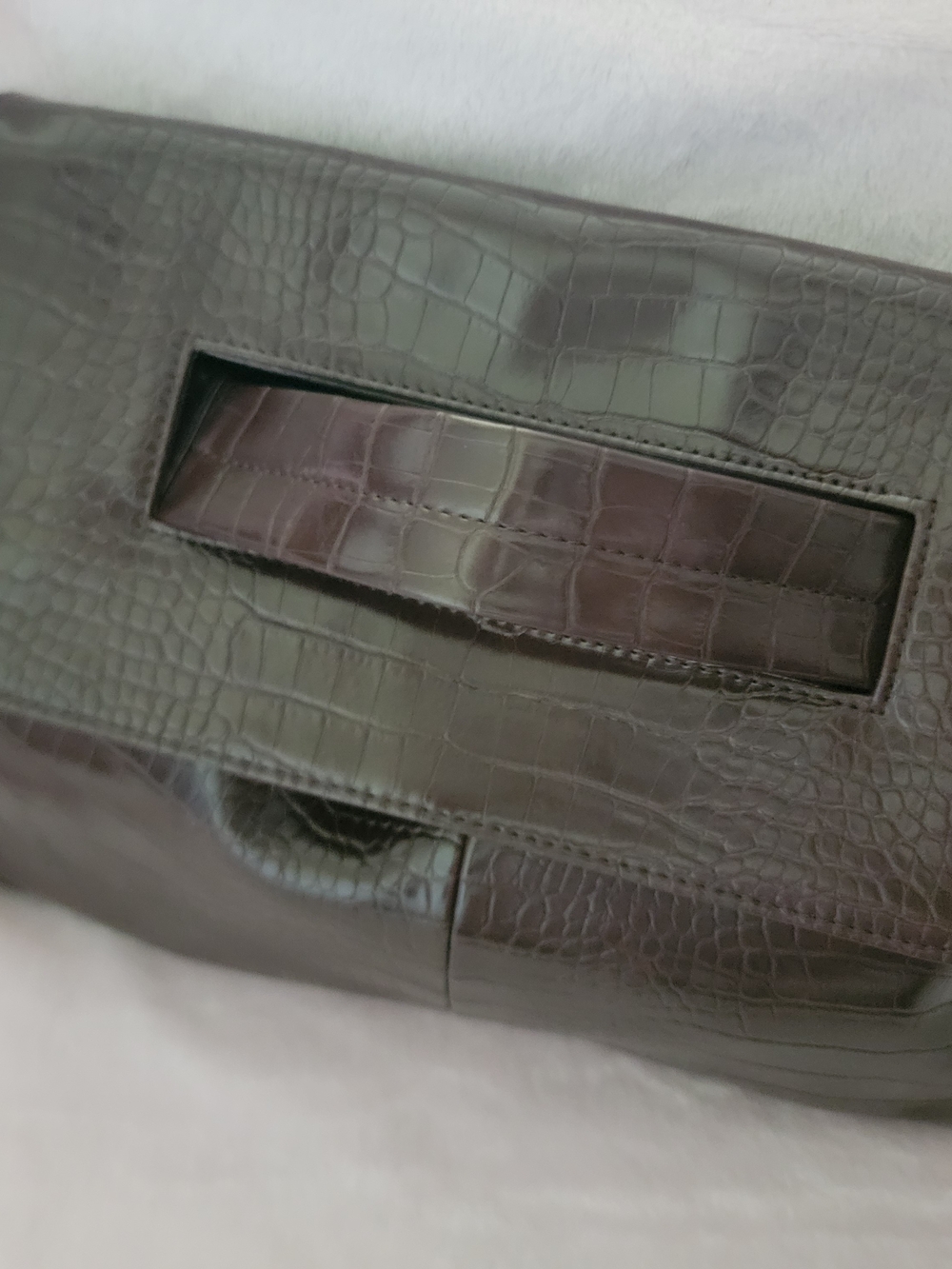 Women Croc-Embossed Leather Carry Bag in Dark Brown